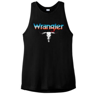 Vintage Rodeo Wrangler Western Cow Skull Cow Print Wrangler Ladies PosiCharge Tri-Blend Wicking Tank