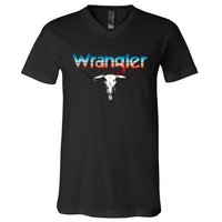 Vintage Rodeo Wrangler Western Cow Skull Cow Print Wrangler V-Neck T-Shirt