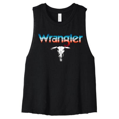 Vintage Rodeo Wrangler Western Cow Skull Cow Print Wrangler Women's Racerback Cropped Tank