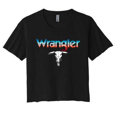 Vintage Rodeo Wrangler Western Cow Skull Cow Print Wrangler Women's Crop Top Tee