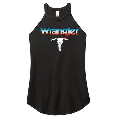 Vintage Rodeo Wrangler Western Cow Skull Cow Print Wrangler Women's Perfect Tri Rocker Tank