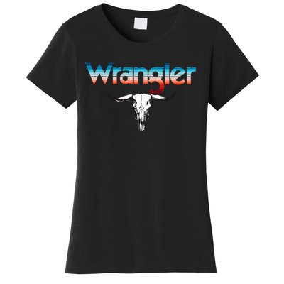 Vintage Rodeo Wrangler Western Cow Skull Cow Print Wrangler Women's T-Shirt