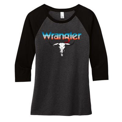 Vintage Rodeo Wrangler Western Cow Skull Cow Print Wrangler Women's Tri-Blend 3/4-Sleeve Raglan Shirt