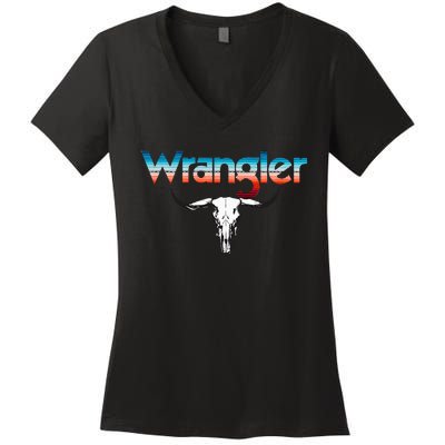 Vintage Rodeo Wrangler Western Cow Skull Cow Print Wrangler Women's V-Neck T-Shirt