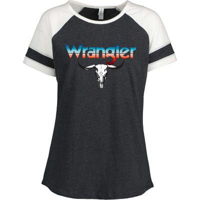 Vintage Rodeo Wrangler Western Cow Skull Cow Print Wrangler Enza Ladies Jersey Colorblock Tee