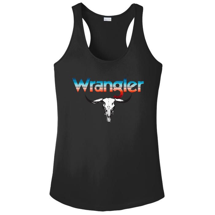 Vintage Rodeo Wrangler Western Cow Skull Cow Print Wrangler Ladies PosiCharge Competitor Racerback Tank