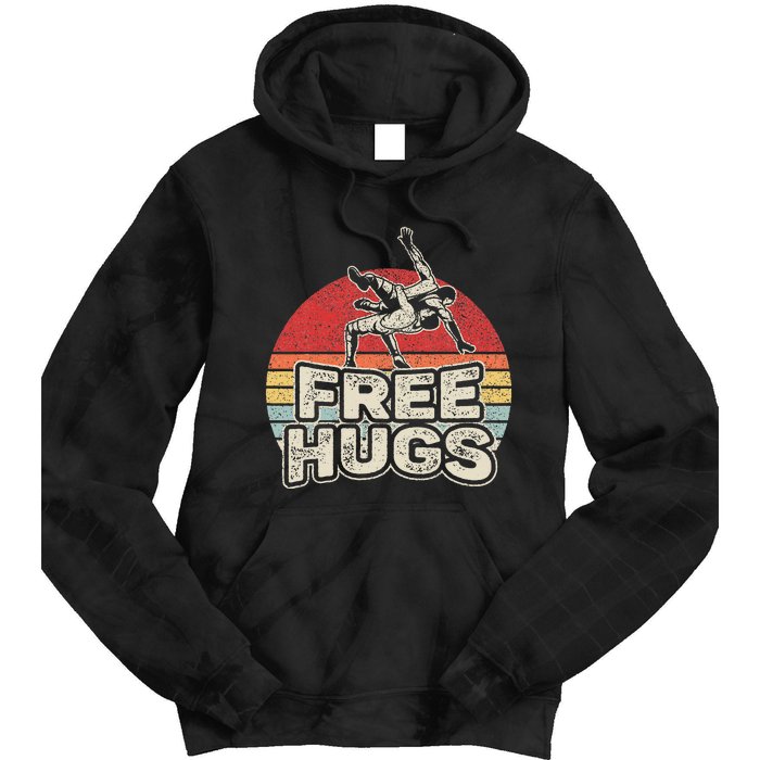 Vintage Retro Wrestling Funny Free Hugs Wrestling Tie Dye Hoodie