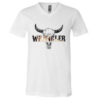 Vintage Rodeo Wrangler Western Cow Skull Leopard Bull V-Neck T-Shirt