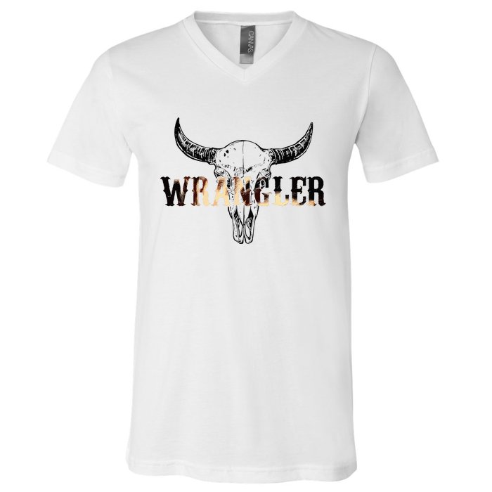 Vintage Rodeo Wrangler Western Cow Skull Leopard Bull V-Neck T-Shirt