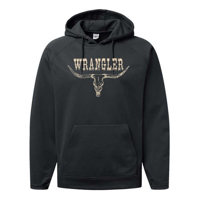 Vintage Rodeo Wrangler Western Cow Skull Cow Print Wrangler Performance Fleece Hoodie