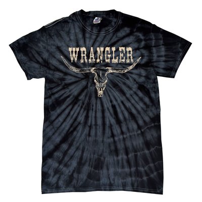 Vintage Rodeo Wrangler Western Cow Skull Cow Print Wrangler Tie-Dye T-Shirt