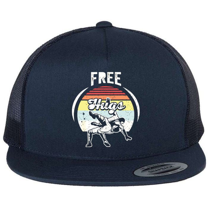 Vintage Retro Wrestling Funny Free Hugs Wrestling Flat Bill Trucker Hat