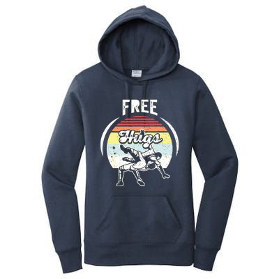 Vintage Retro Wrestling Funny Free Hugs Wrestling Women's Pullover Hoodie