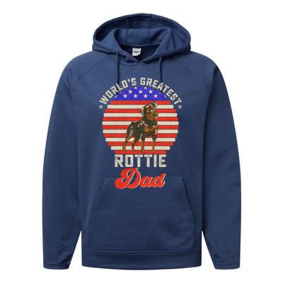 Vintage Retro Worlds Greatest Rottweiler Dad Rottie Sunset Great Gift Performance Fleece Hoodie