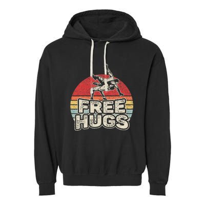 Vintage Retro Wrestling Funny Free Hugs Wrestling Garment-Dyed Fleece Hoodie