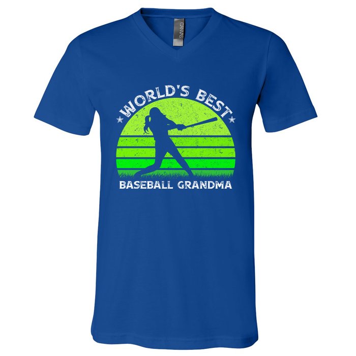 Vintage Retro World's Best Baseball Grandma Silhouette Funny Gift V-Neck T-Shirt