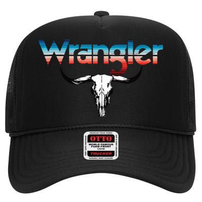 Vintage Rodeo Wrangler Western Cow Skull Cow Print Wrangler High Crown Mesh Back Trucker Hat