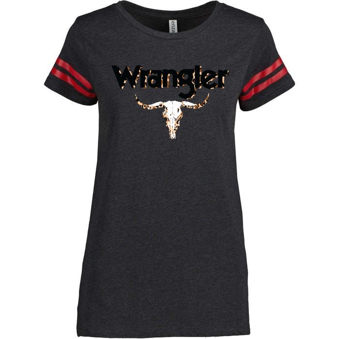 Vintage Rodeo Wrangler Western Cow Skull Leopard Bull Enza Ladies Jersey Football T-Shirt