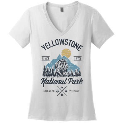 Vintage Retro Yellowstone National Park Hiking Women's V-Neck T-Shirt