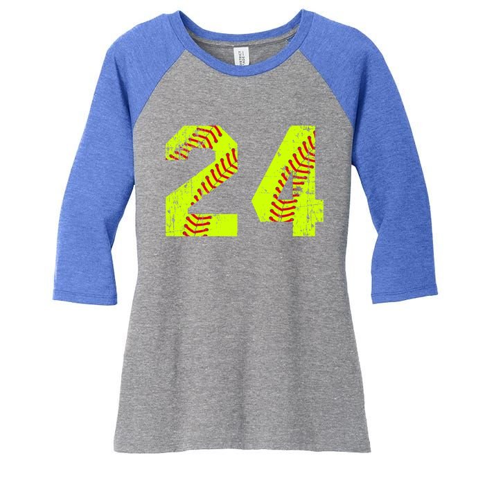 Vintage Softball 24 Jersey Number Gift Women's Tri-Blend 3/4-Sleeve Raglan Shirt