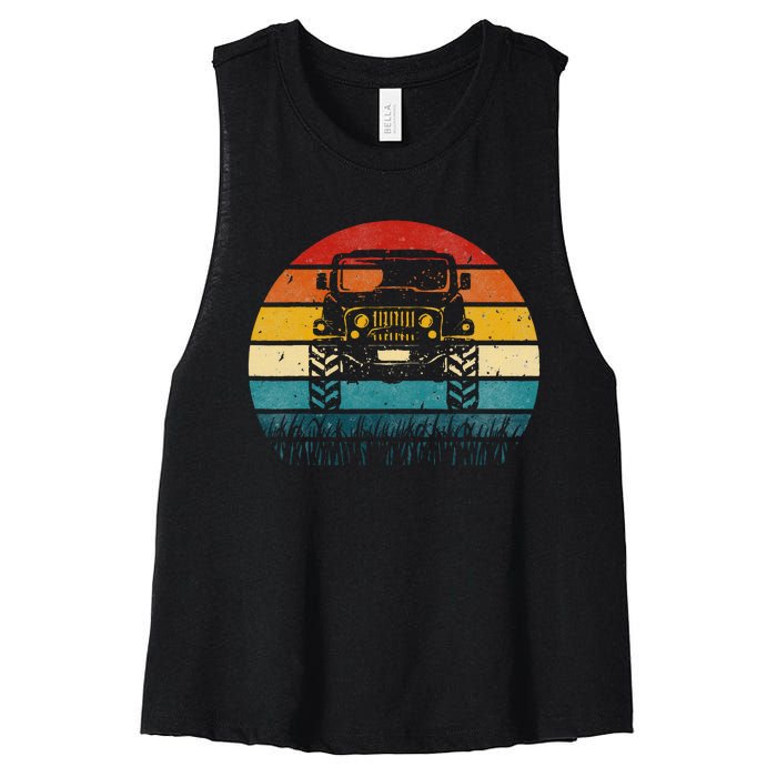 Vintage Sunset 4x4 Car Off Road Wave Big Cars Driving Women's Racerback Cropped Tank