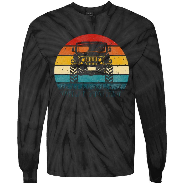 Vintage Sunset 4x4 Car Off Road Wave Big Cars Driving Tie-Dye Long Sleeve Shirt