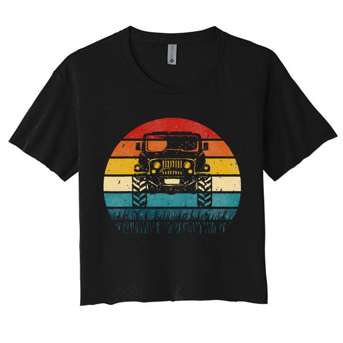 Vintage Sunset 4x4 Car Off Road Wave Big Cars Driving Women's Crop Top Tee