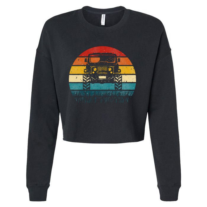 Vintage Sunset 4x4 Car Off Road Wave Big Cars Driving Cropped Pullover Crew