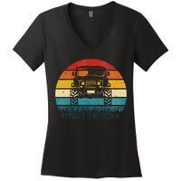 Vintage Sunset 4x4 Car Off Road Wave Big Cars Driving Women's V-Neck T-Shirt