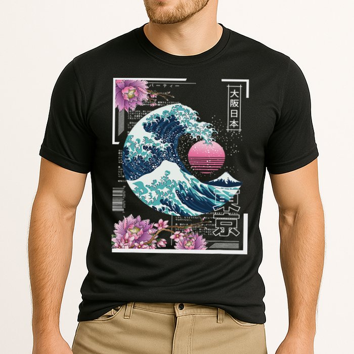 Vaporwave Synthwave 80's Japan Japanese Great Wave Tokyo 80s Cooling Performance Crew T-Shirt