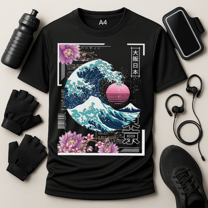 Vaporwave Synthwave 80's Japan Japanese Great Wave Tokyo 80s Cooling Performance Crew T-Shirt