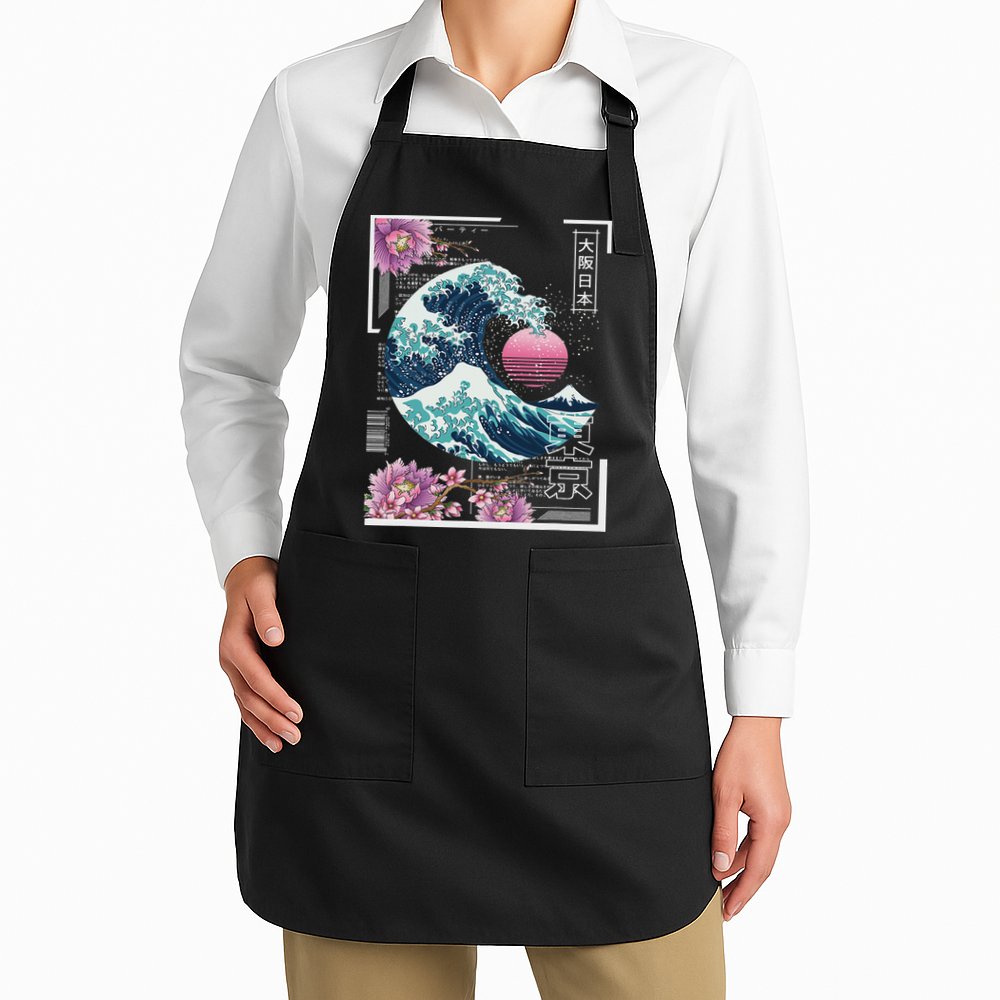 Vaporwave Synthwave 80's Japan Japanese Great Wave Tokyo 80s Apron