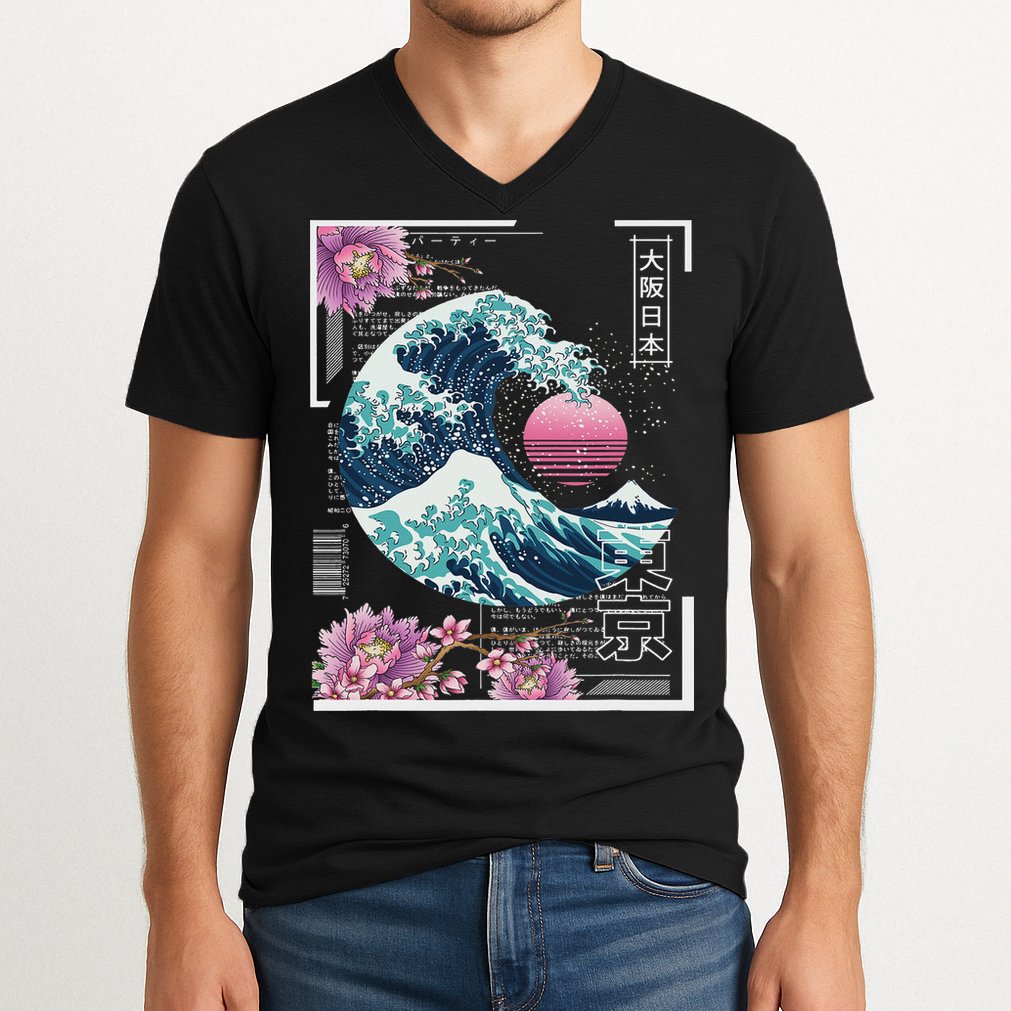 Vaporwave Synthwave 80's Japan Japanese Great Wave Tokyo 80s V-Neck T-Shirt
