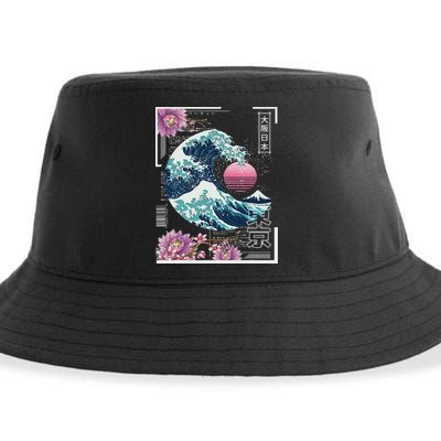 Vaporwave Synthwave 80's Japan Japanese Great Wave Tokyo 80s Sustainable Bucket Hat