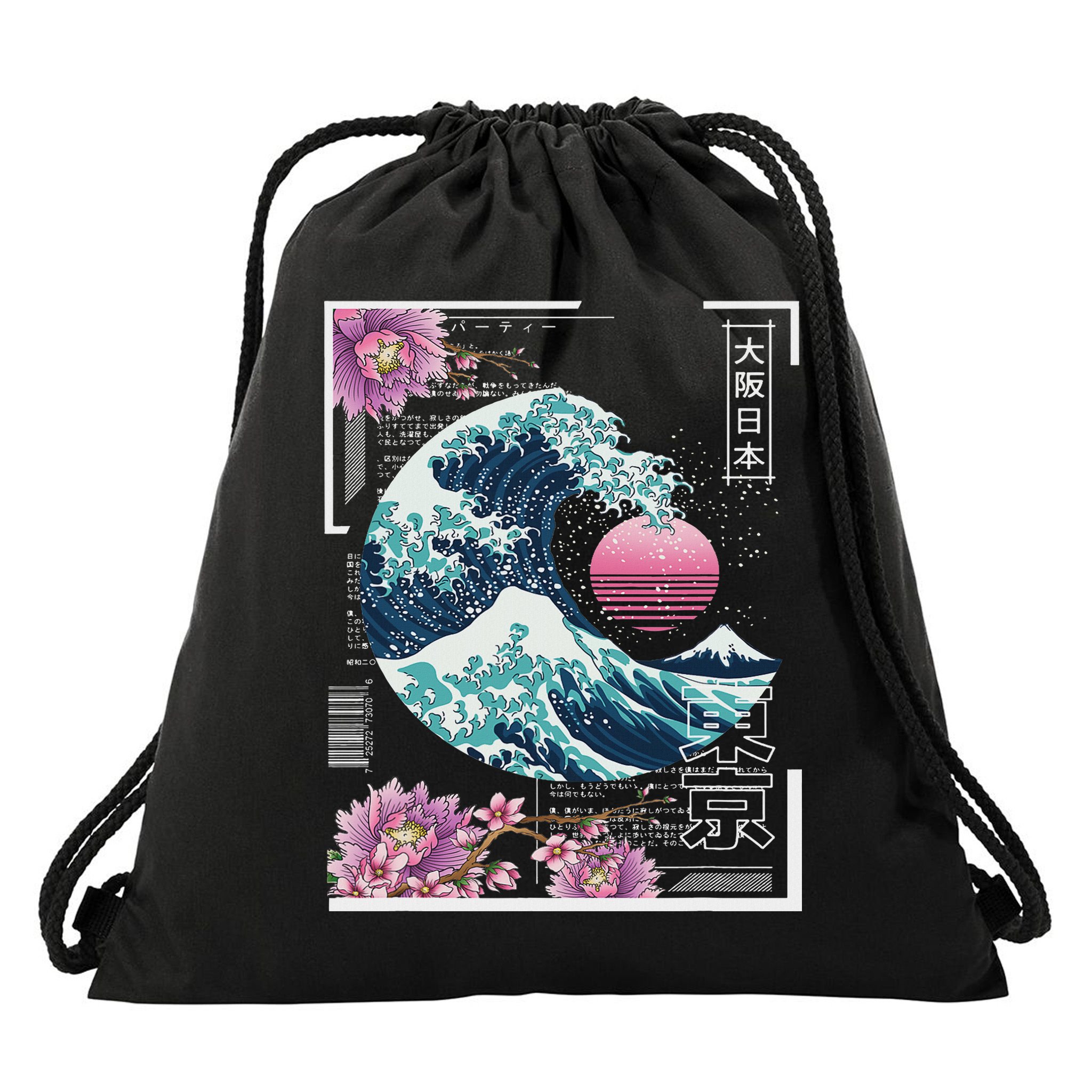 Vaporwave Synthwave 80's Japan Japanese Great Wave Tokyo 80s Drawstring Bag