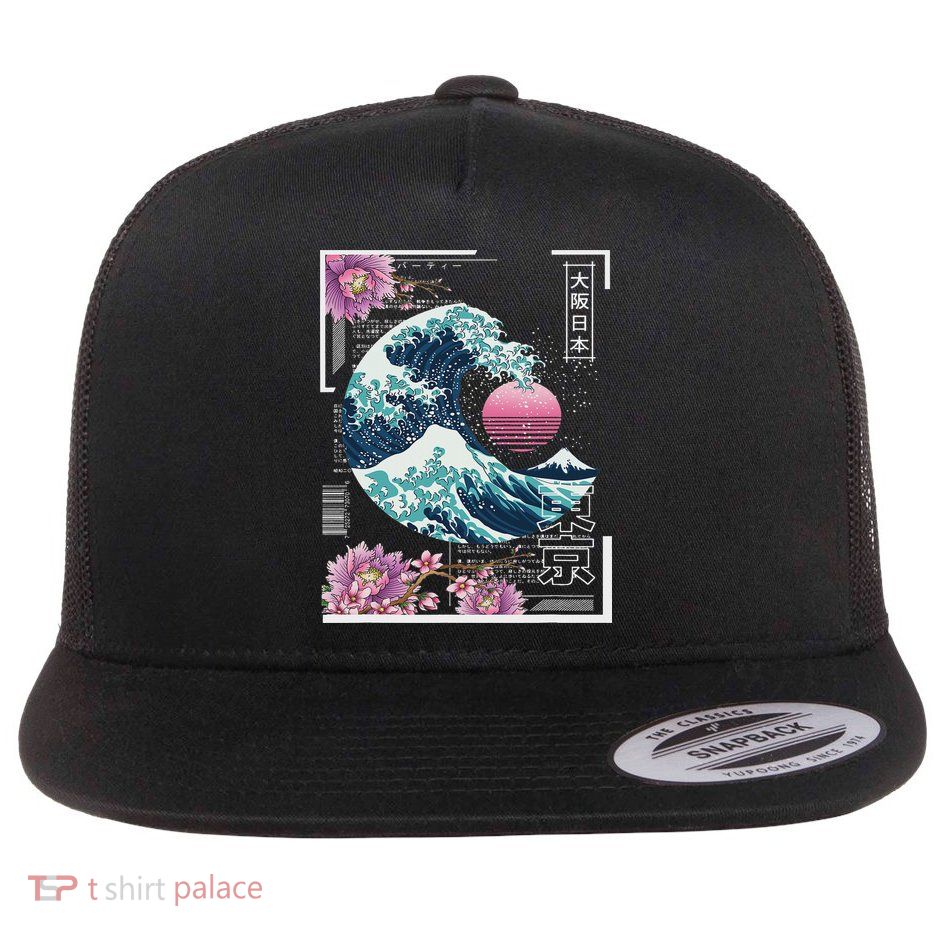 Vaporwave Synthwave 80's Japan Japanese Great Wave Tokyo 80s Flatbill Hat