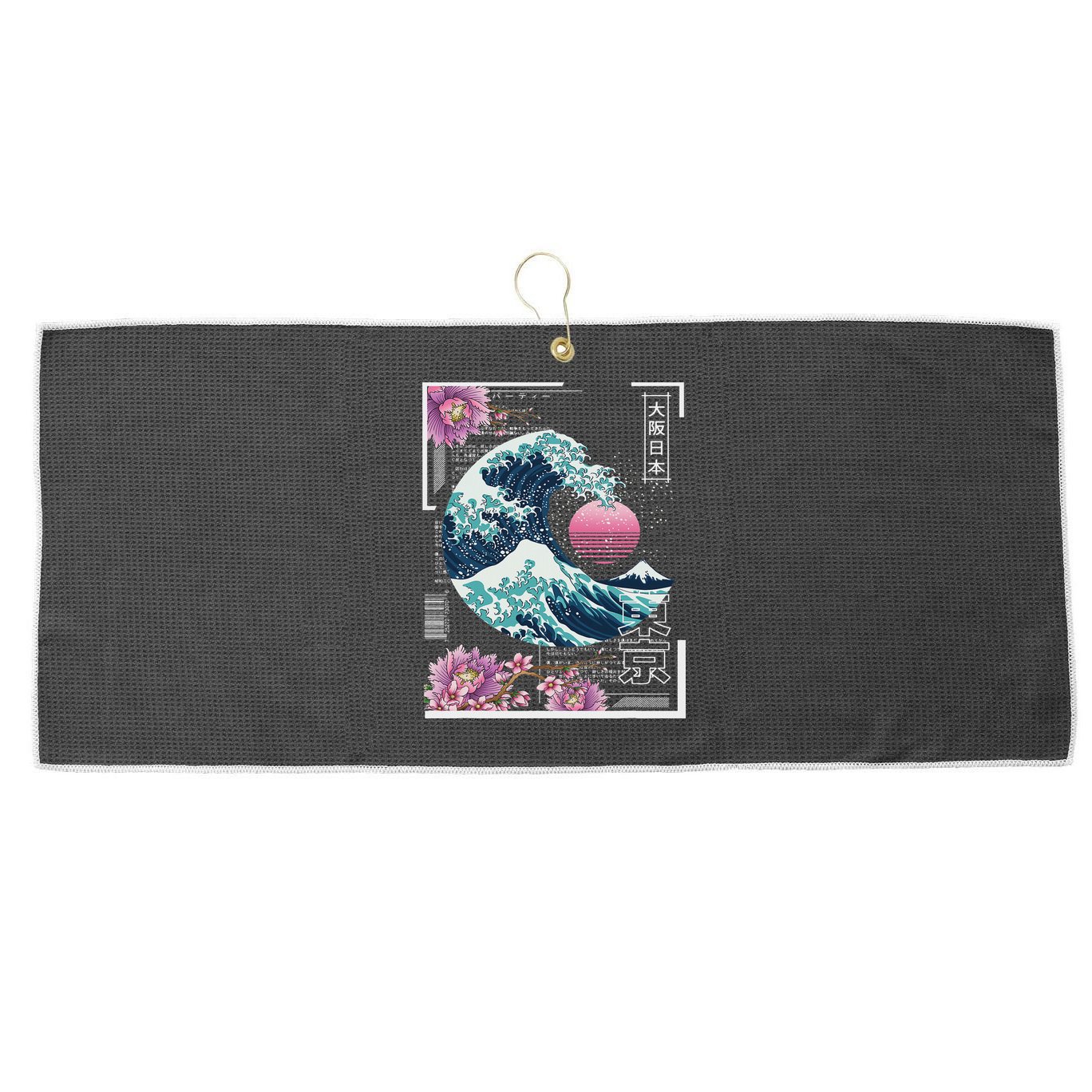 Vaporwave Synthwave 80's Japan Japanese Great Wave Tokyo 80s Large Microfiber Waffle Golf Towel