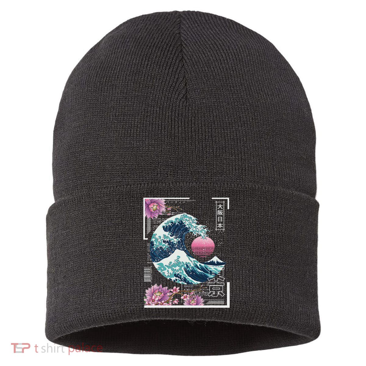 Vaporwave Synthwave 80's Japan Japanese Great Wave Tokyo 80s Sustainable Knit Beanie
