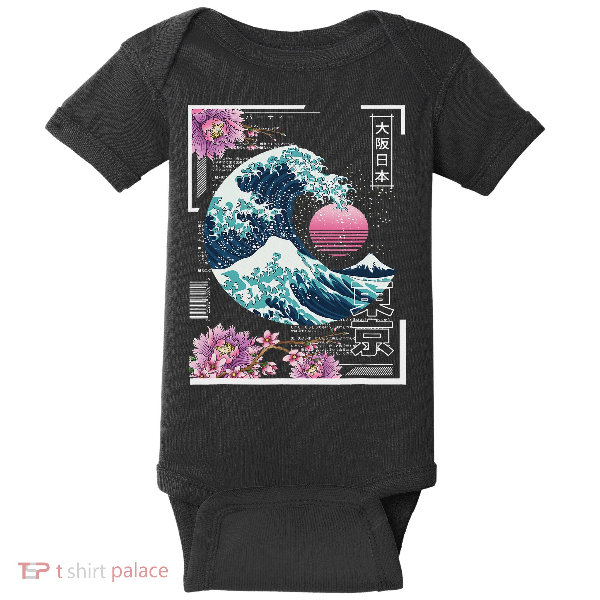 Vaporwave Synthwave 80's Japan Japanese Great Wave Tokyo 80s Baby Bodysuit