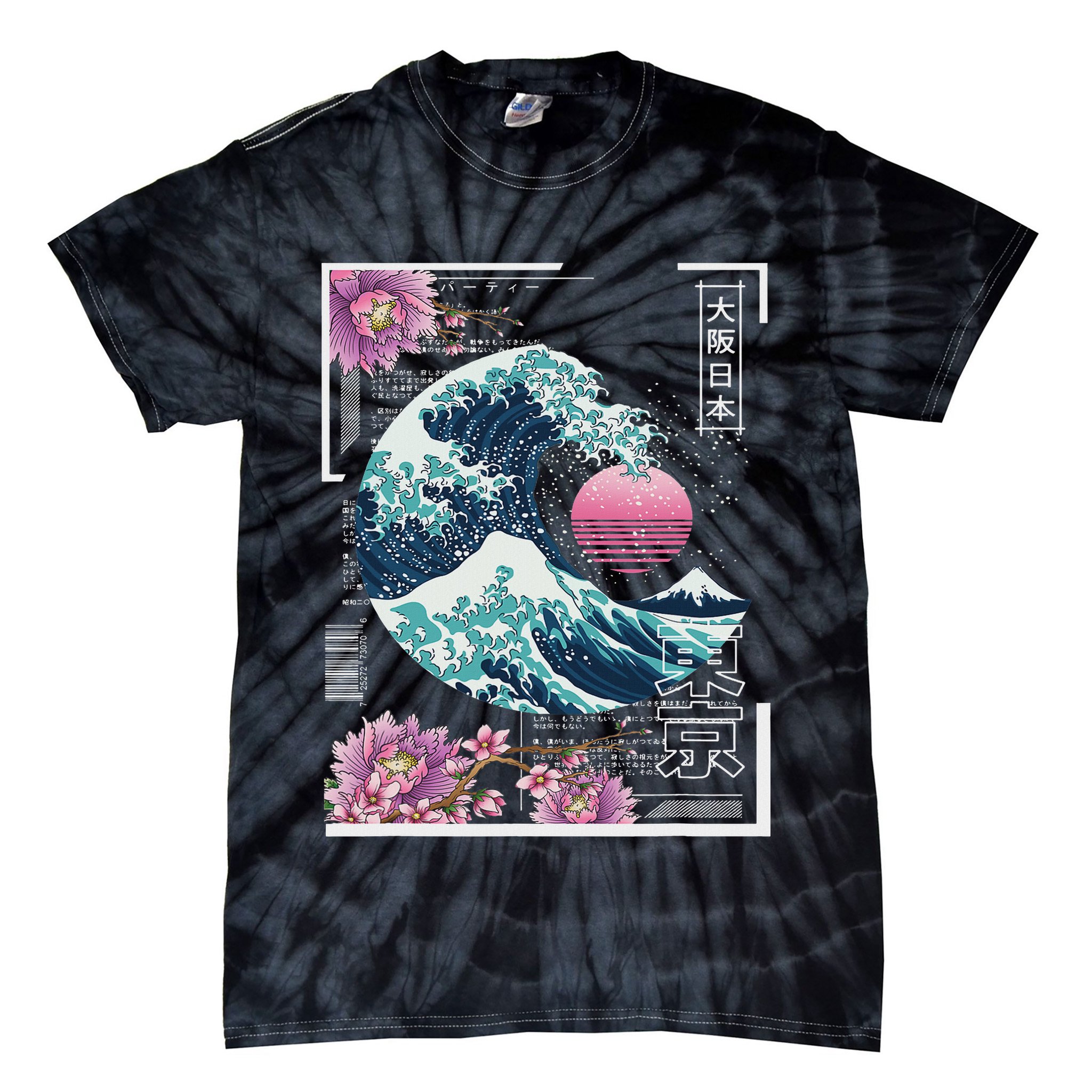 Vaporwave Synthwave 80's Japan Japanese Great Wave Tokyo 80s Tie-Dye T-Shirt