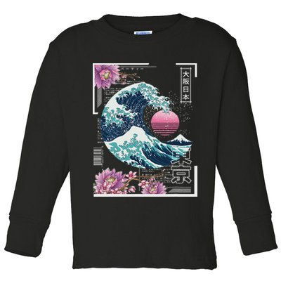 Vaporwave Synthwave 80's Japan Japanese Great Wave Tokyo 80s Toddler Long Sleeve Shirt