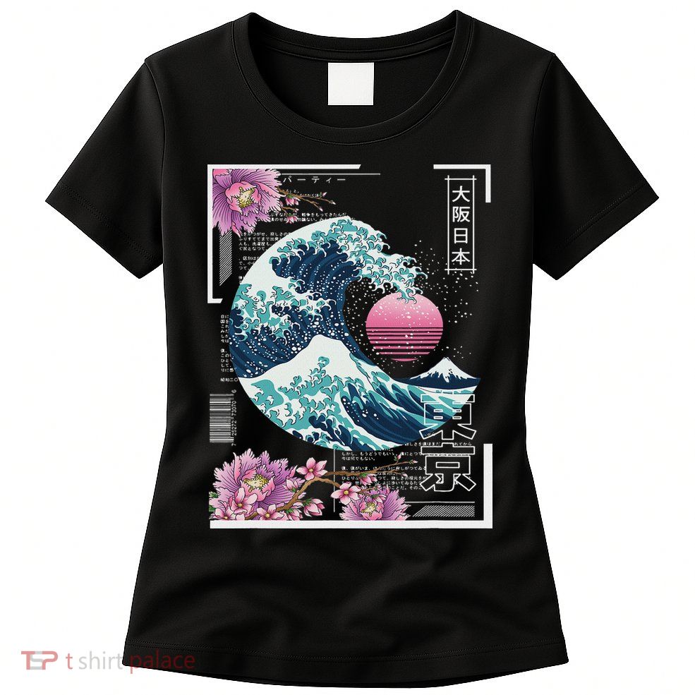 Vaporwave Synthwave 80's Japan Japanese Great Wave Tokyo 80s Womens T-Shirt
