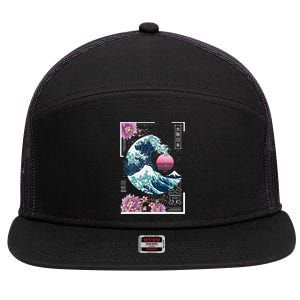 Vaporwave Synthwave 80's Japan Japanese Great Wave Tokyo 80s 7 Panel Mesh Trucker Snapback Hat