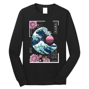 Vaporwave Synthwave 80's Japan Japanese Great Wave Tokyo 80s Long Sleeve Shirt