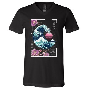 Vaporwave Synthwave 80's Japan Japanese Great Wave Tokyo 80s V-Neck T-Shirt