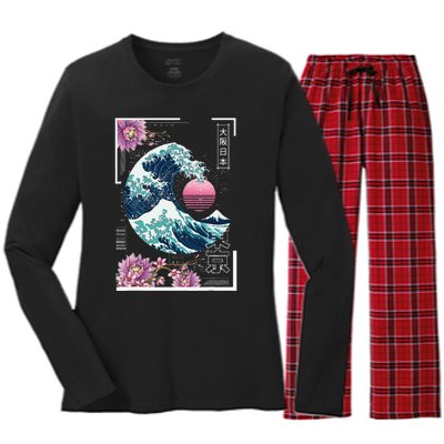 Vaporwave Synthwave 80's Japan Japanese Great Wave Tokyo 80s Women's Long Sleeve Flannel Pajama Set 