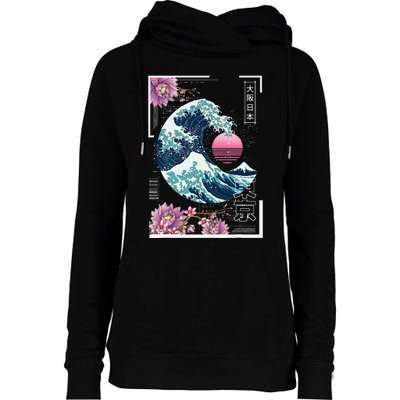 Vaporwave Synthwave 80's Japan Japanese Great Wave Tokyo 80s Womens Funnel Neck Pullover Hood