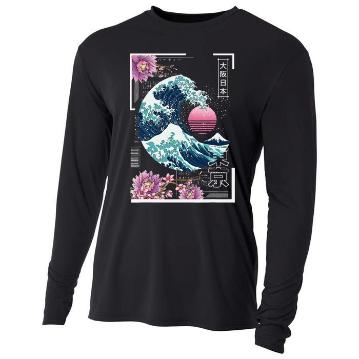 Vaporwave Synthwave 80's Japan Japanese Great Wave Tokyo 80s Cooling Performance Long Sleeve Crew