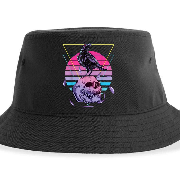 Vaporwave Skull And Crow Retro Aesthetic Pastel Goth Art Sustainable Bucket Hat