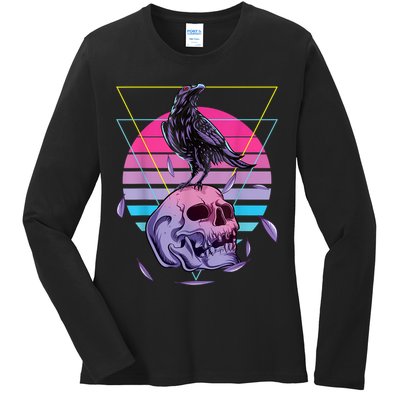 Vaporwave Skull And Crow Retro Aesthetic Pastel Goth Art Ladies Long Sleeve Shirt
